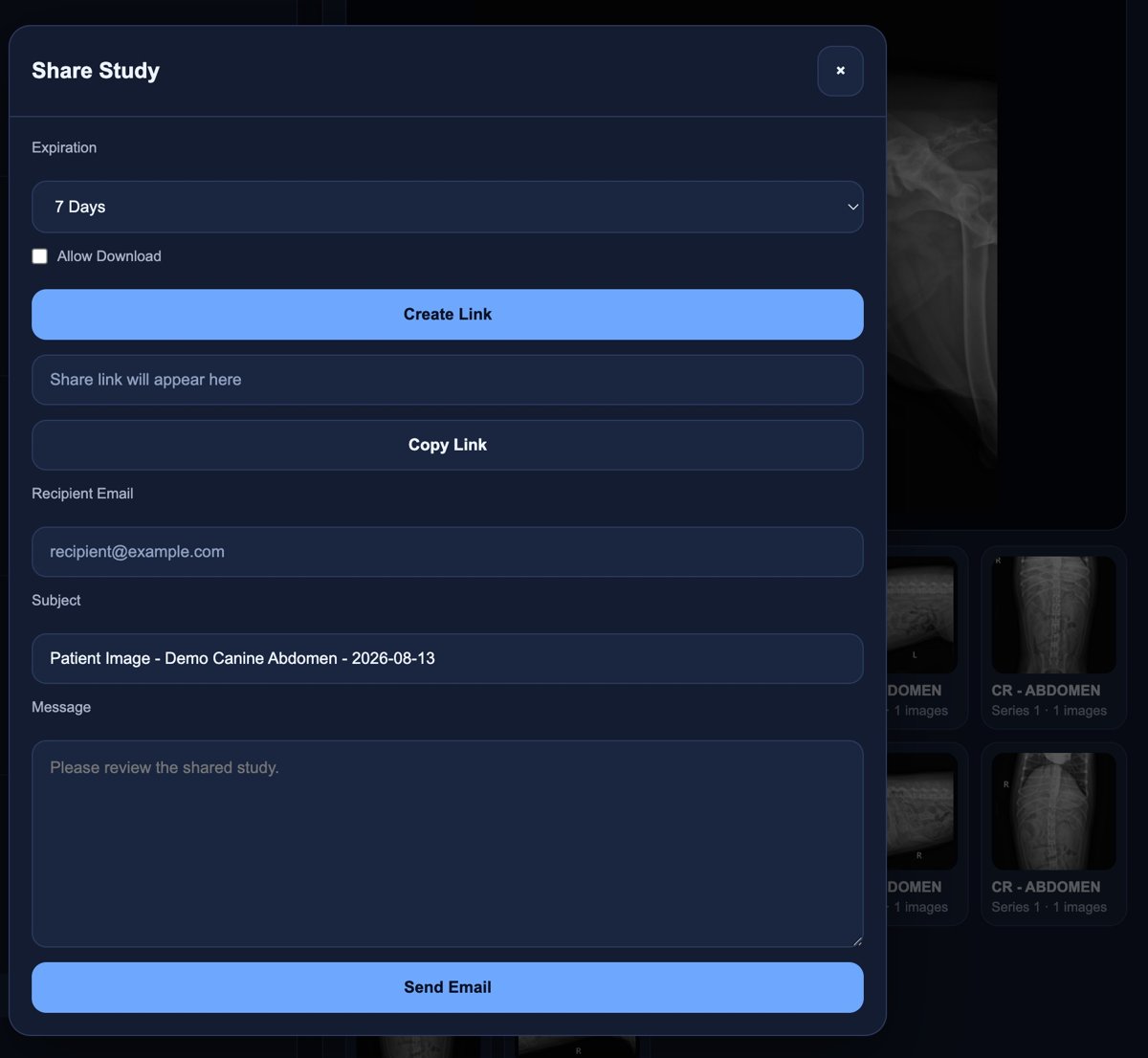 Velion Cloud PACS share study dialog