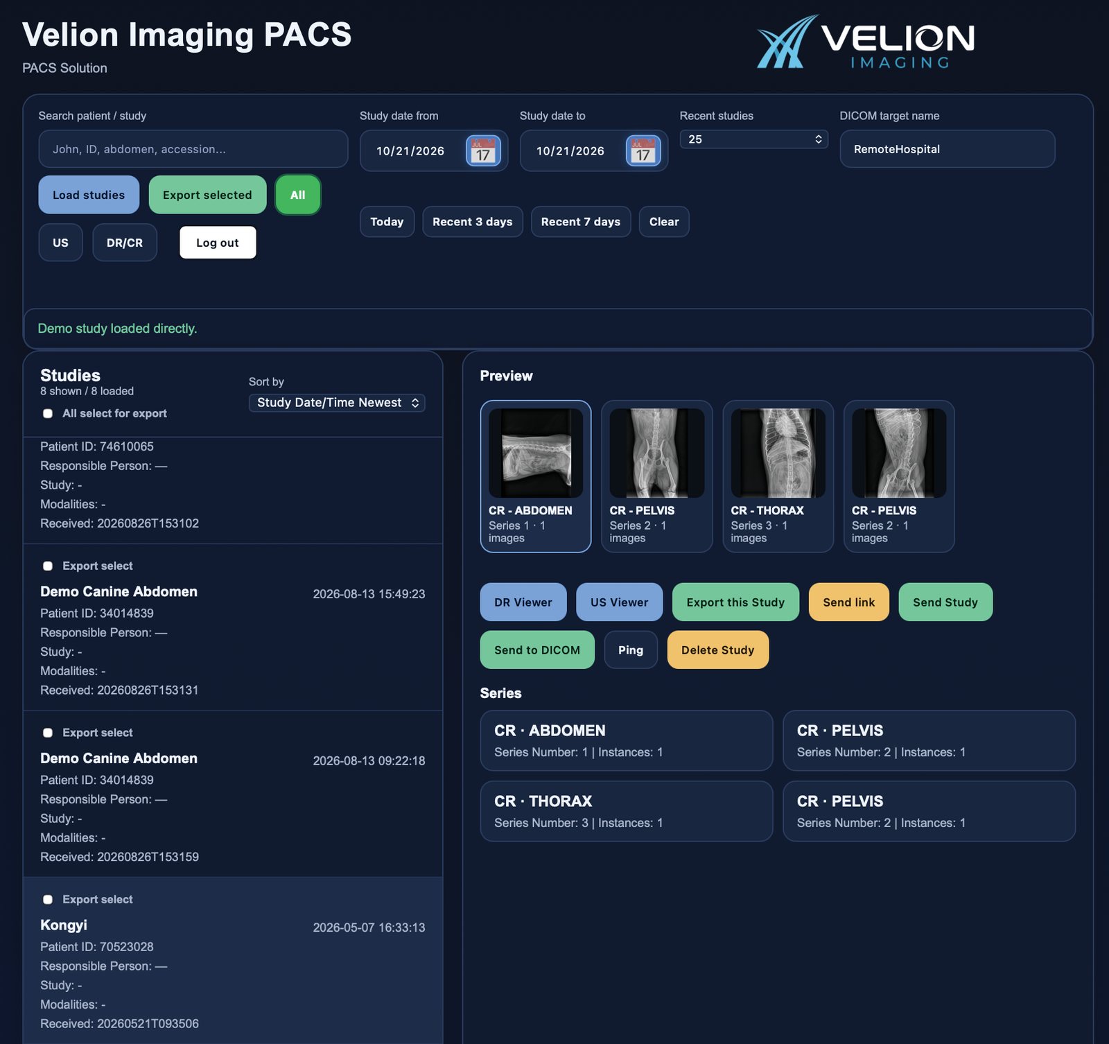 Velion Cloud PACS study list and preview