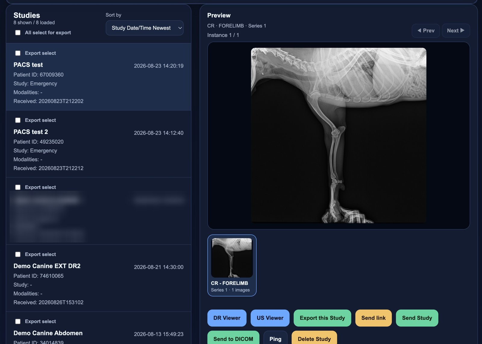 Velion Cloud PACS study list with a canine forelimb preview